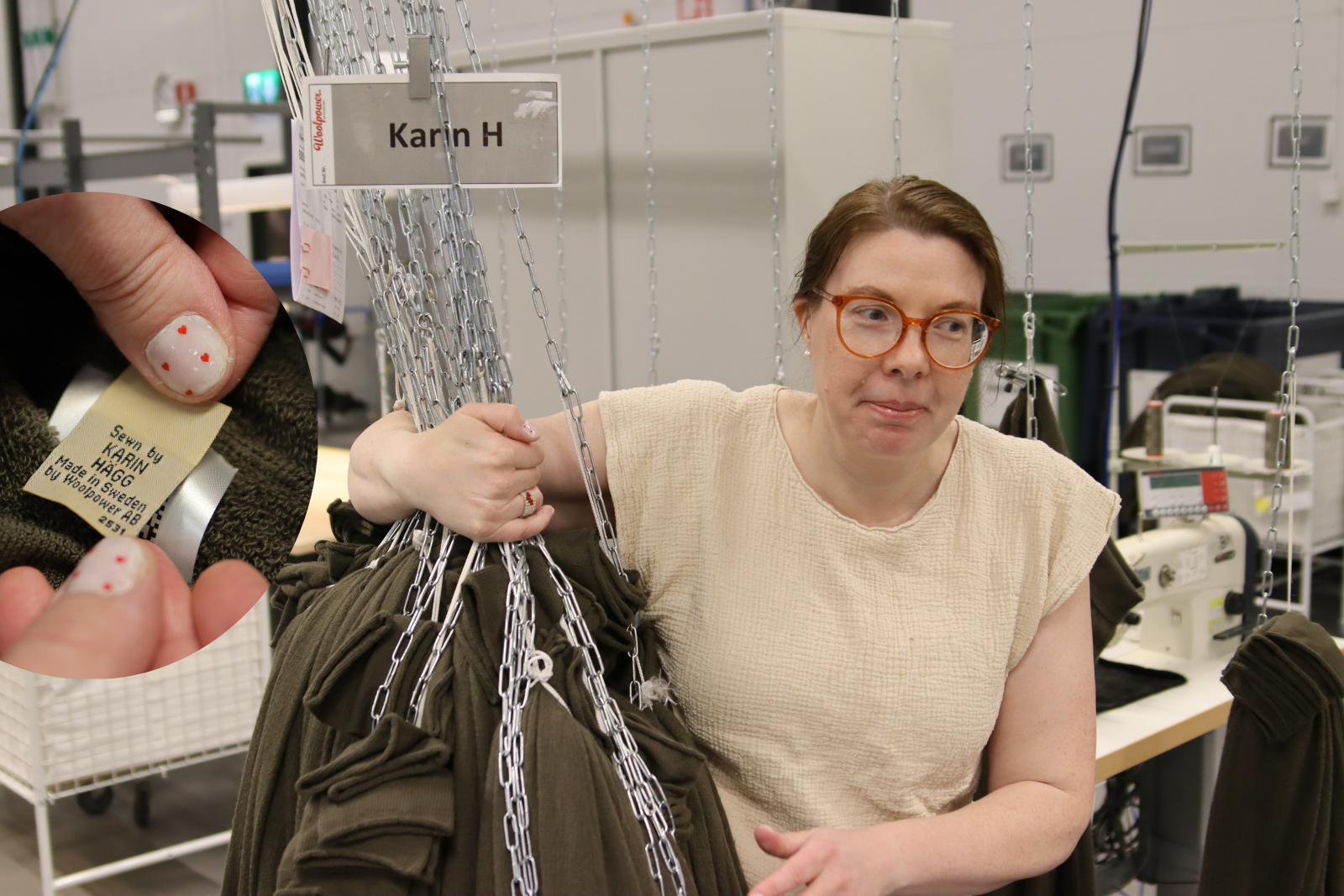 Karin på Woolpower syr byxor